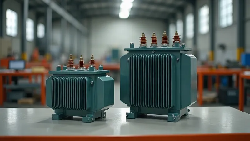 Dois transformadores a seco lado a lado sobre uma bancada industrial, um menor e um maior, com as bobinas visíveis.