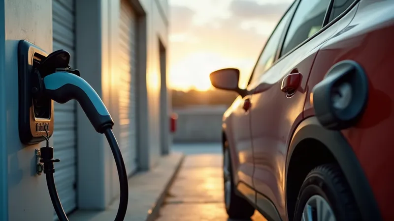 Carregador de veículo elétrico em estacionamento comercial, com o cabo conectado a um carro e um painel elétrico ao fundo.