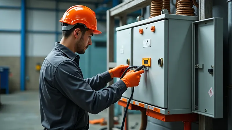 Eletricista conectando os cabos de um auto transformador trifásico a seco dentro de um painel industrial.