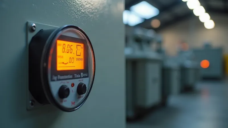 Medidor de energia digital ao lado de um auto transformador a seco ligado, com a máquina desligada ao fundo.
