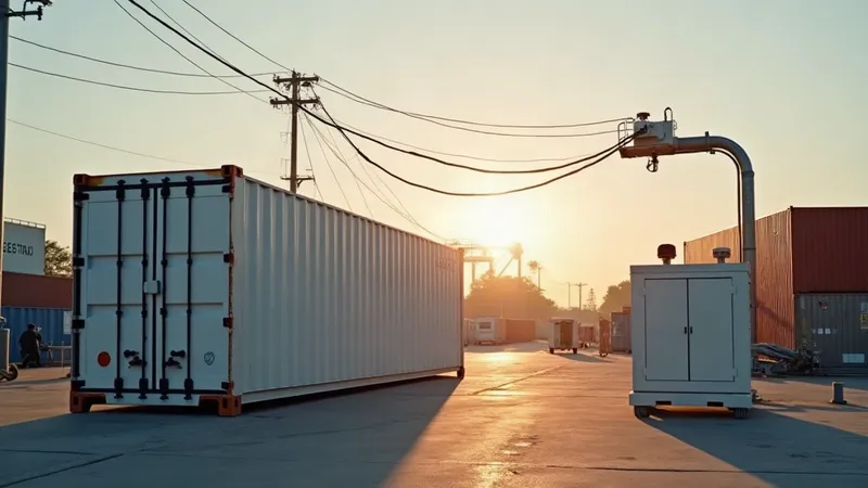 Container refrigerado em um pátio logístico ligado a um auto transformador em caixa metálica, com cabo industrial.