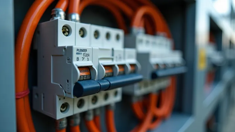 Disjuntor tripolar e cabos de força organizados em um quadro elétrico industrial.