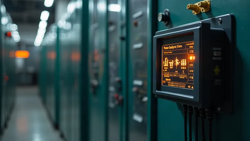 Analisador de energia mostrando fator de potência instalado em um quadro elétrico industrial.