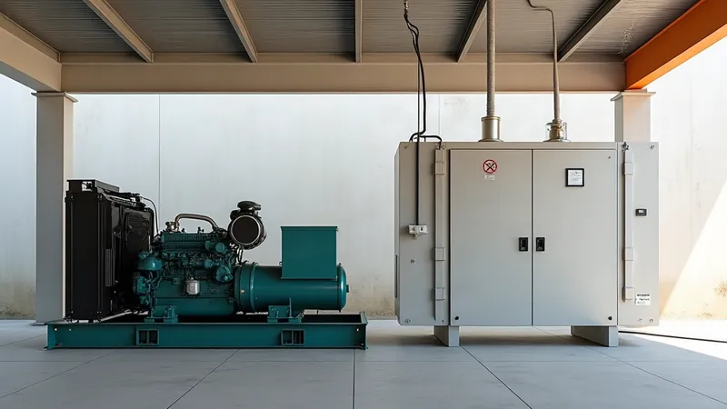 Gerador a diesel industrial ao lado de um auto transformador a seco, com cabos ligados a um quadro de transferência.