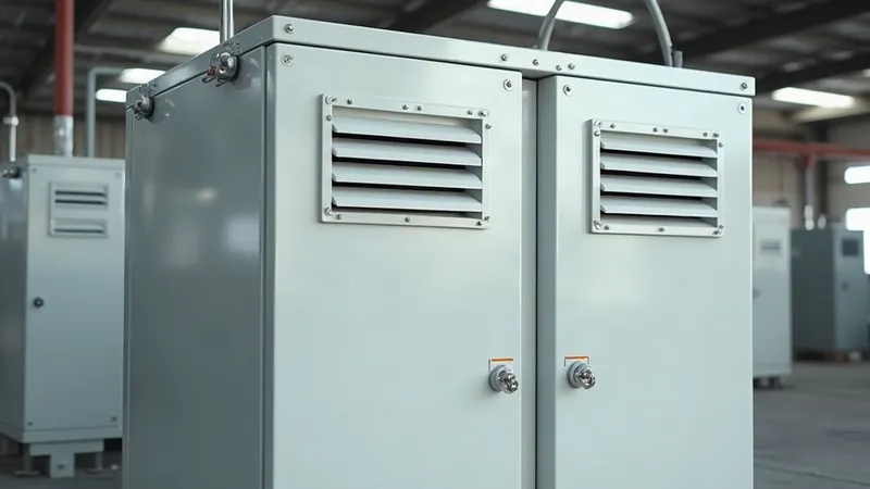 Caixa metálica branca de um transformador com venezianas de ventilação, instalada numa área industrial coberta.
