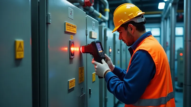 Técnico com equipamento de proteção fazendo termografia em um transformador de cabine primária.
