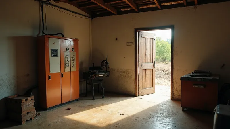 Quadro elétrico rural com entrada monofásica e uma máquina trifásica parada ao lado, em uma pequena oficina.