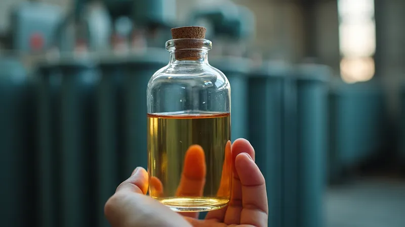 Amostra de óleo isolante em frasco de vidro ao lado de um transformador a óleo, em laboratório de manutenção.