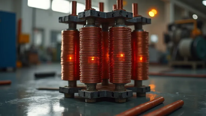 Núcleo de aço silício e bobinas de cobre de um transformador em fabricação, na linha de montagem.