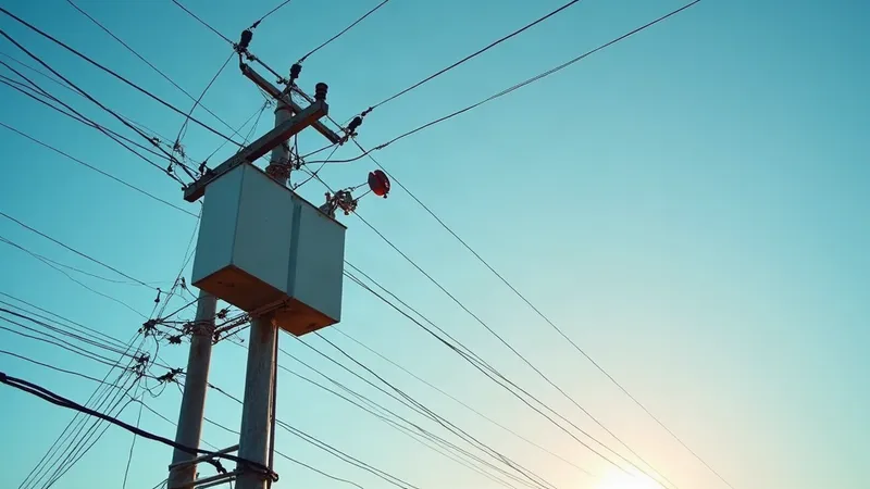 Poste de distribuição de energia com transformador de rua em uma avenida industrial brasileira.
