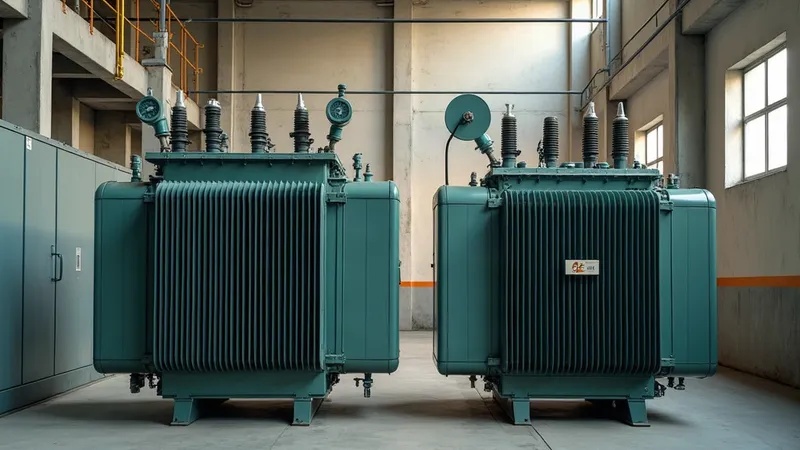 Um transformador a seco com bobinas encapsuladas ao lado de um transformador a óleo com radiadores, em uma subestação industrial.