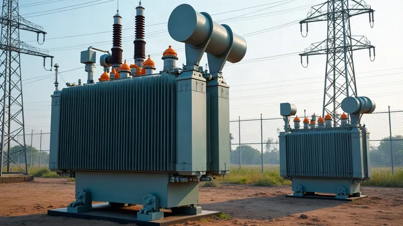 Grande transformador de força com radiadores e ventiladores em subestação, ao lado de um transformador de distribuição menor.