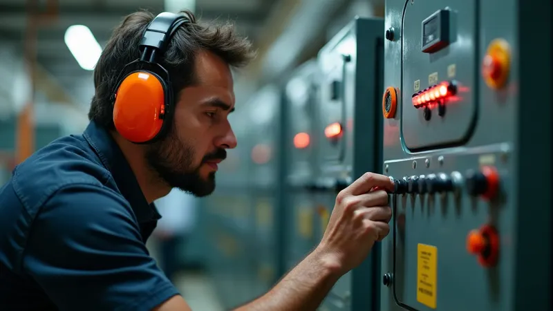 Técnico com fone de proteção ouvindo próximo a um transformador a seco em funcionamento numa sala elétrica.