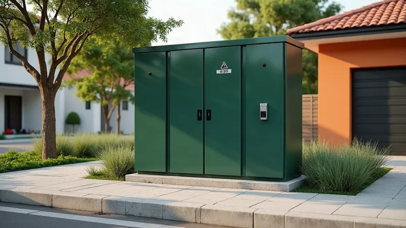 Transformador pedestal em invólucro metálico verde sobre base de concreto na calçada de um condomínio.